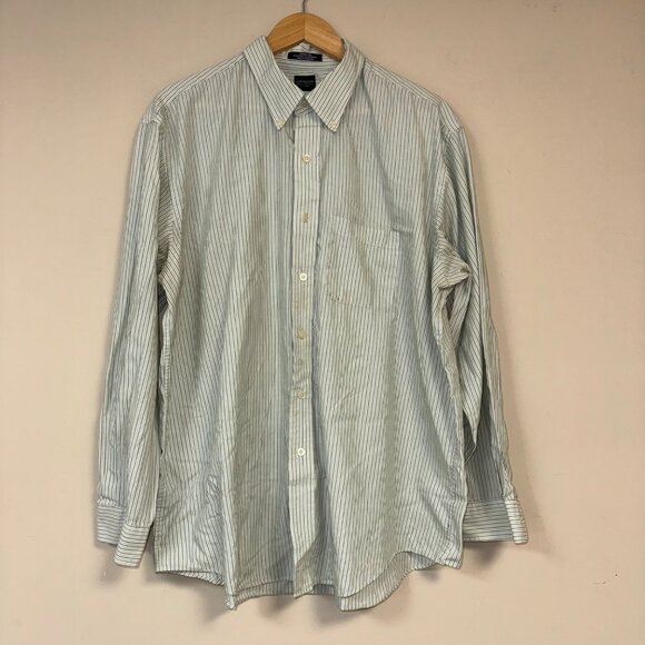 Arrow Men's Wrinkle-Free Dress Shirt XL 17 - 17 1/2 Green & White Striped Cotton - Picture 1 of 4